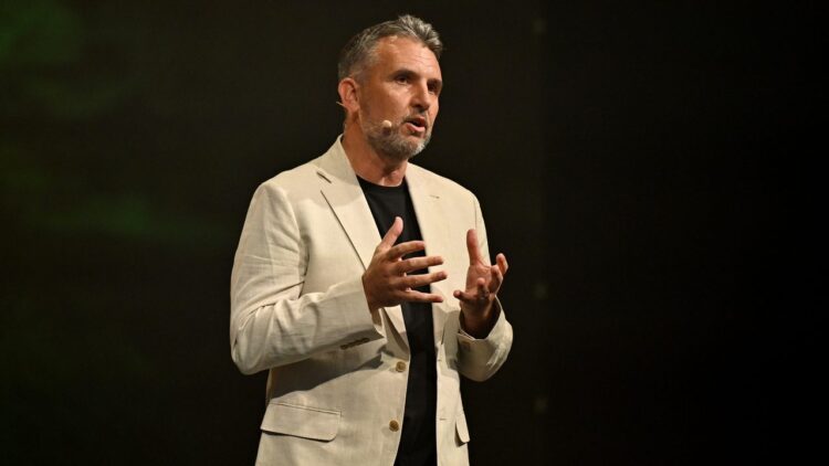 Toby Dewar speaking at the Foxtel Media 2027 Upfront event