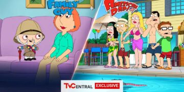 Family Guy and American Dad official title logos blended into TV Central exclusive artwork for their Channel 7 return