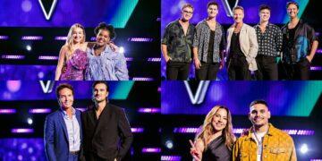 Daisha Auda, The 60Four, Tommy Novak and Yung Milla pictured with their coaches in a four-panel collage of official Seven photos.