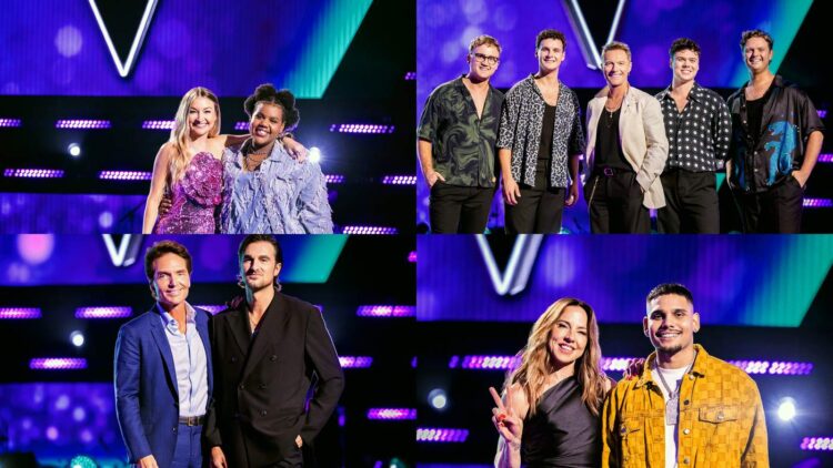 Daisha Auda, The 60Four, Tommy Novak and Yung Milla pictured with their coaches in a four-panel collage of official Seven photos.