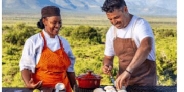 Warren Mendes cooking outdoors in South Africa for Food Trail South Africa Season 4