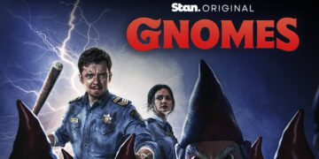 Asa Butterfield and Megan Smart surrounded by killer garden gnomes in Gnomes on Stan