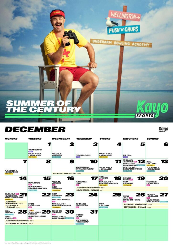 Kayo Sports Travis Head cricket calendar for December 2026
