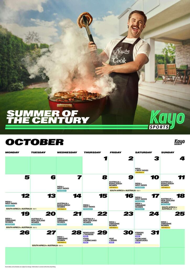 Kayo Sports Travis Head cricket calendar for October 2026