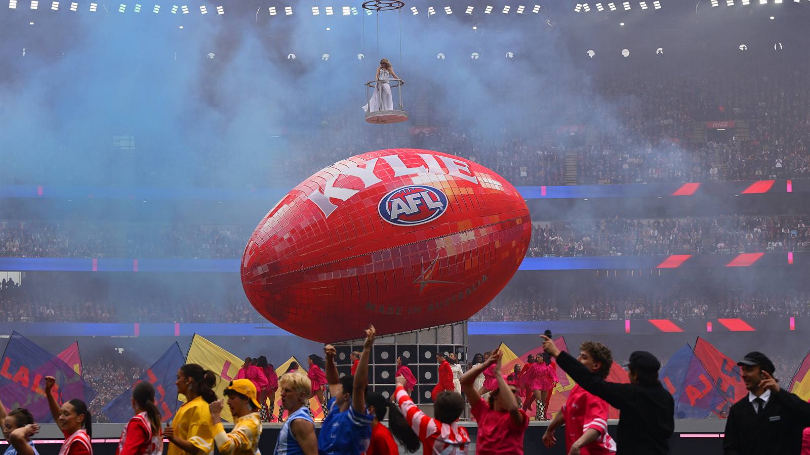 Kylie Minogue performs during the 2026 AFL Grand Final pre-game entertainment at the MCG