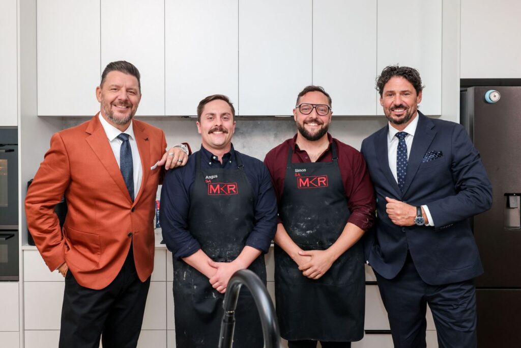 MKR contestants Angus and Simon with judges Manu Feildel and Colin Fassnidge