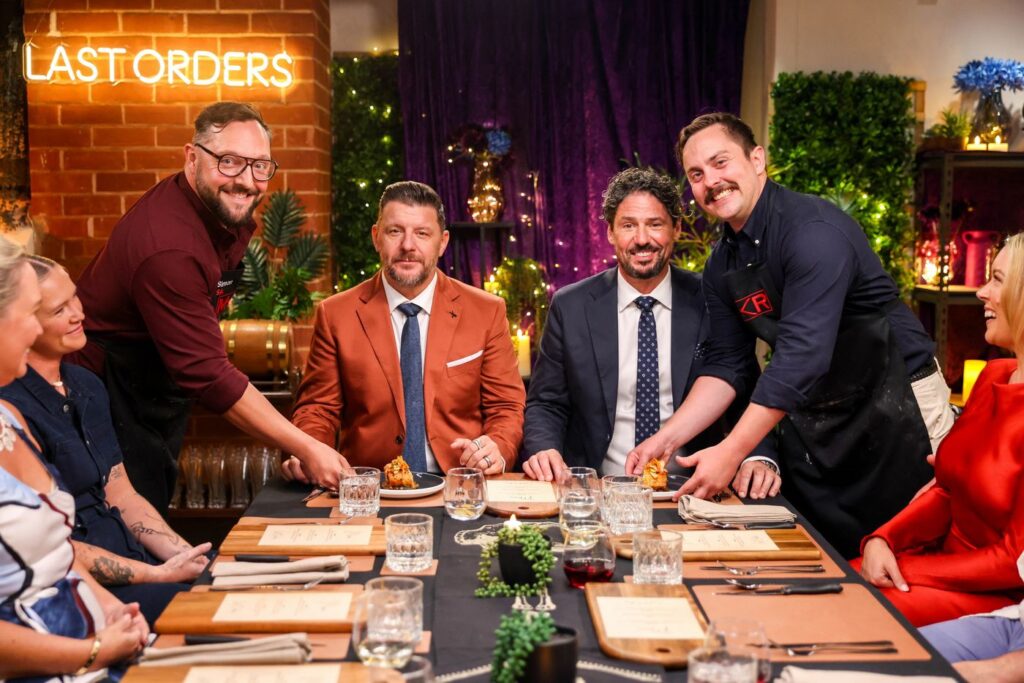 Angus and Simon with the MKR judges and teams at their Last Orders Instant Restaurant