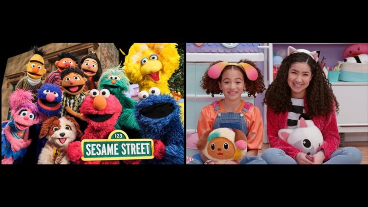 Sesame Street characters alongside Gabby's Dollhouse characters in Netflix kids slate artwork