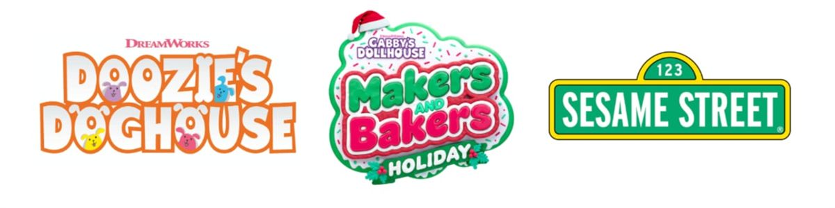 Doozie's Doghouse, Gabby's Dollhouse Makers and Bakers and Sesame Street logos