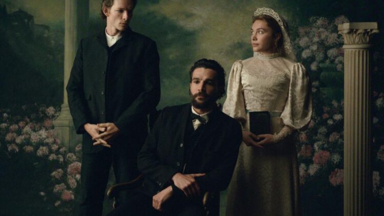 Joseph Zada, Christopher Abbott and Florence Pugh in East of Eden on Netflix