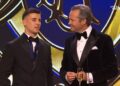 Nick Daicos speaks with Hamish McLachlan after winning the 2026 Brownlow Medal