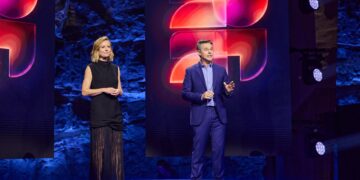 Ally Langdon and Todd Woodbridge on stage at Nine's 2027 Upfront