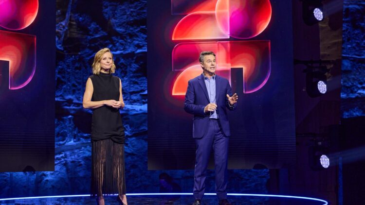 Ally Langdon and Todd Woodbridge on stage at Nine's 2027 Upfront