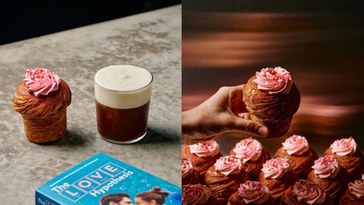 The Love Hypothesis-themed Lune cruffin and cold brew alongside the film tie-in book