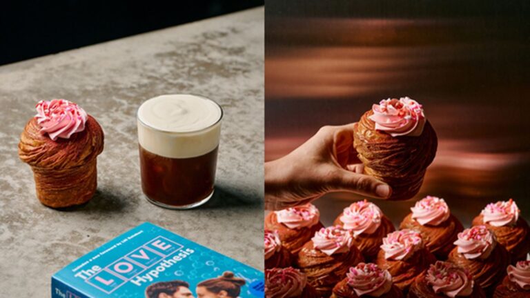 The Love Hypothesis-themed Lune cruffin and cold brew alongside the film tie-in book