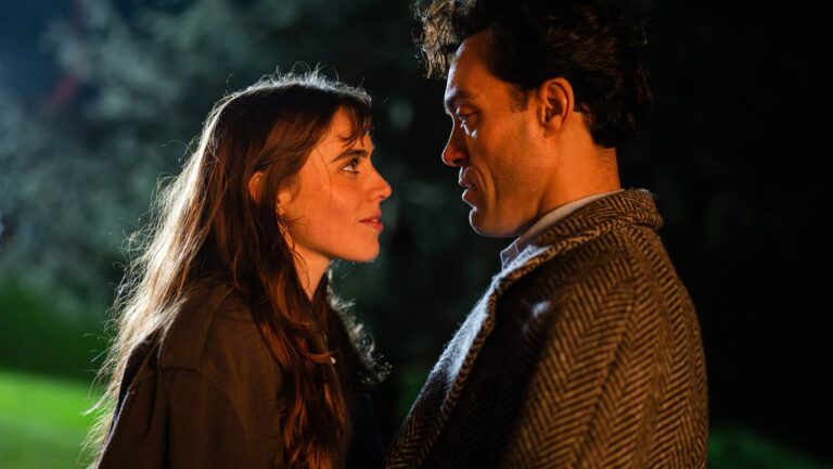 Bella Maclean as Taggie O'Hara and Alex Hassell as Rupert Campbell-Black in Rivals Season 2 on Disney+