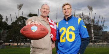 Ben Graham and Nick Riewoldt at the MCG ahead of NFL Melbourne