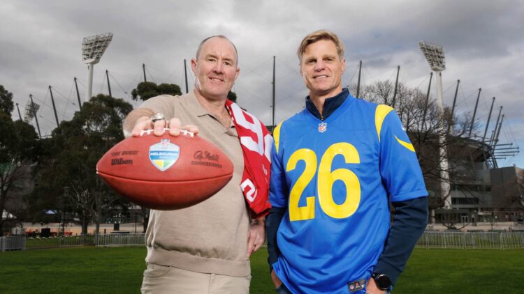 Ben Graham and Nick Riewoldt at the MCG ahead of NFL Melbourne