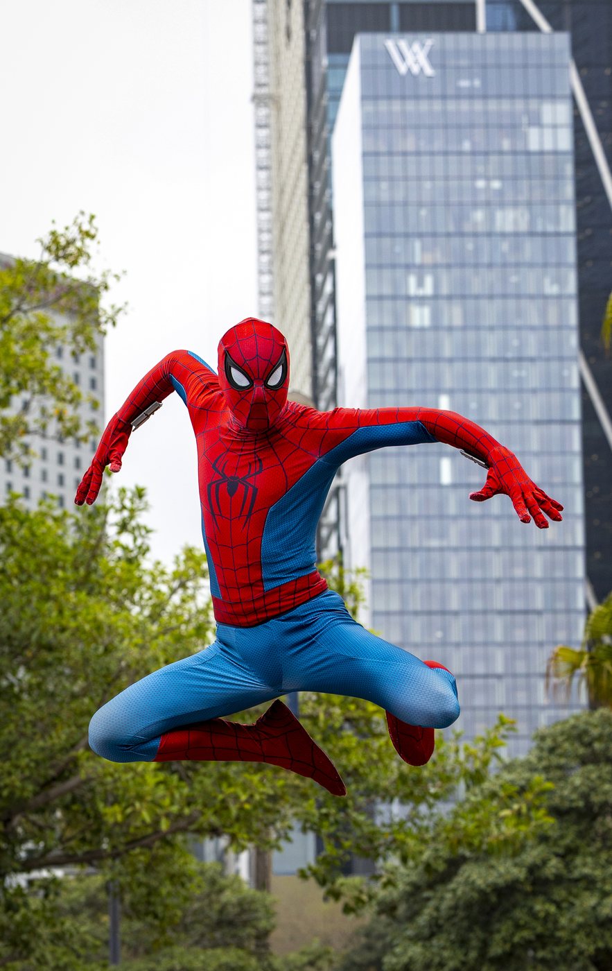 Spider-Man leaping through the air in Sydney before the Brand New Day fan event