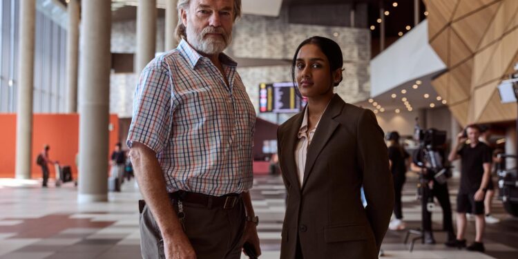 Hugo Weaving and Shabana Azeez in SBS drama The Airport Chaplain