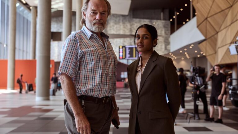 Hugo Weaving and Shabana Azeez in SBS drama The Airport Chaplain