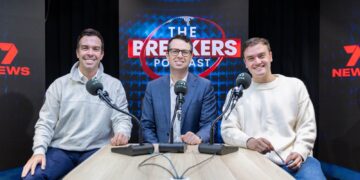 Mitch Cleary, Xander McGuire and Tom Morris recording The Breakers podcast for LiSTNR and 7AFL