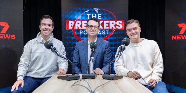 Mitch Cleary, Xander McGuire and Tom Morris recording The Breakers podcast for LiSTNR and 7AFL