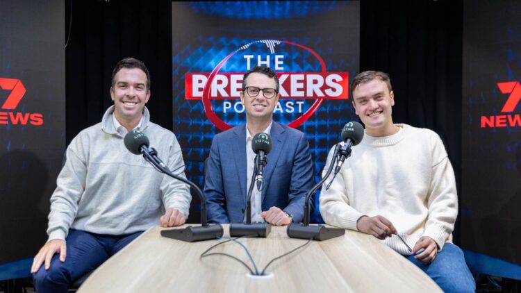 Mitch Cleary, Xander McGuire and Tom Morris recording The Breakers podcast for LiSTNR and 7AFL