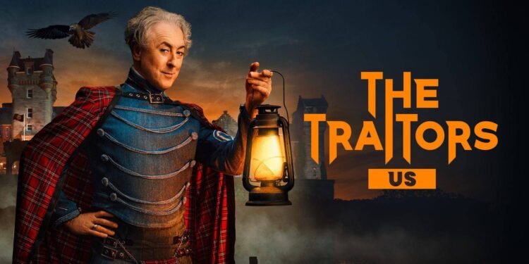 Alan Cumming holding a lantern in official artwork for The Traitors US on 10.