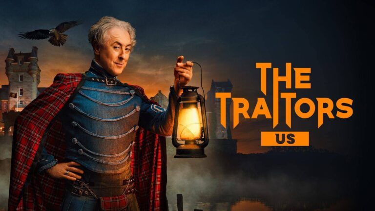 Alan Cumming holding a lantern in official artwork for The Traitors US on 10.