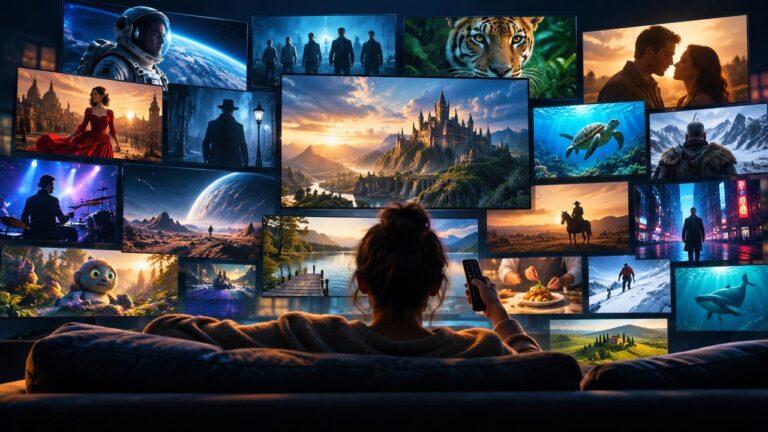 October 2026 streaming guides shown as a viewer facing a wall of streaming screens
