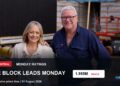 TV ratings image for Monday 31 August 2026 featuring The Block hosts Shelley Craft and Scott Cam with Monday ratings overlay.