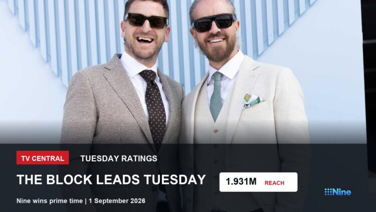 TV ratings image for Tuesday 1 September 2026 featuring The Block publicity image with Tuesday ratings and Nine prime-time win overlay.