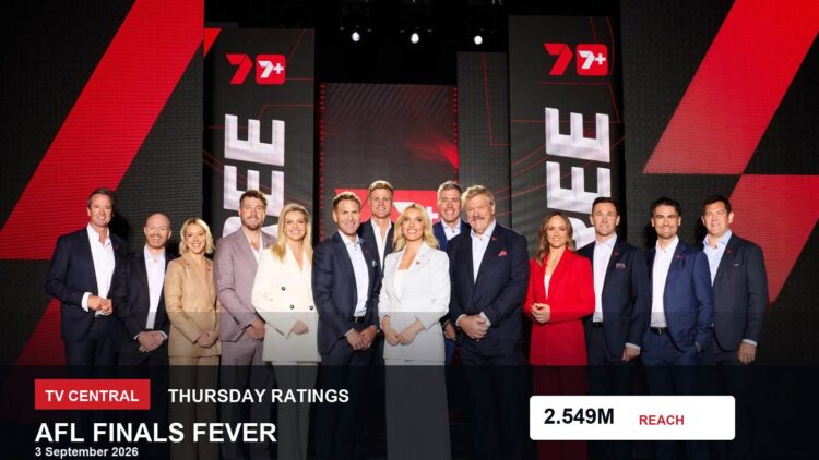 TV ratings image for Thursday 3 September 2026 featuring Seven AFL publicity image with Thursday ratings overlay.