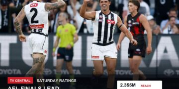 TV ratings image for Saturday 5 September 2026 featuring AFL action with Saturday ratings overlay.