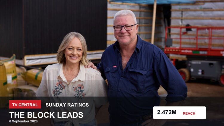 TV ratings image for Sunday 6 September 2026 featuring The Block hosts with Sunday ratings overlay.