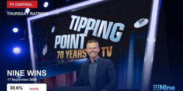 Nine wins Thursday with a 30.6% share, over Tipping Point: 70 Years of TV artwork featuring Todd Woodbridge.