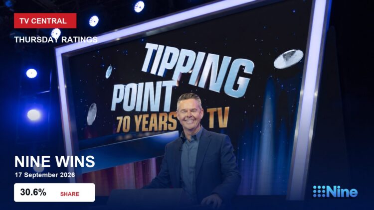 Nine wins Thursday with a 30.6% share, over Tipping Point: 70 Years of TV artwork featuring Todd Woodbridge.