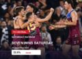 Brisbane Lions players in an earlier match photograph on a Saturday ratings card showing Channel 7's verified 33.5% prime-time share.