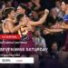 Brisbane Lions players in an earlier match photograph on a Saturday ratings card showing Channel 7's verified 33.5% prime-time share.