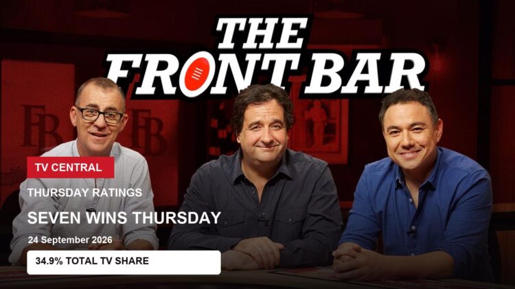 The Front Bar hosts on a Thursday ratings card showing Seven's verified 34.9% prime-time Total TV share.