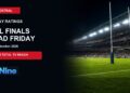 Night rugby league stadium on a Friday ratings card showing the NRL finals leading with 2.42 million reach.