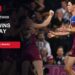 Brisbane Lions players celebrate on a Saturday ratings card stating Seven won Saturday with a 39.2% prime-time Total TV share.