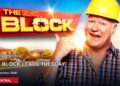 The Block host Scott Cam on a Tuesday ratings card stating The Block leads Tuesday.