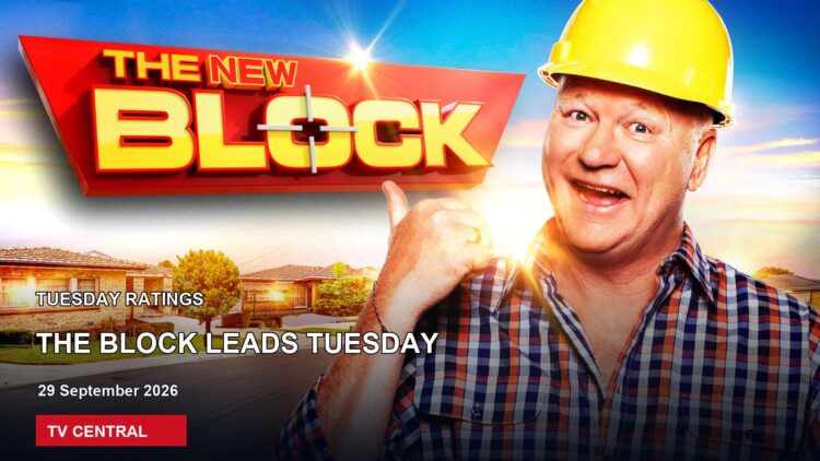 The Block host Scott Cam on a Tuesday ratings card stating The Block leads Tuesday.