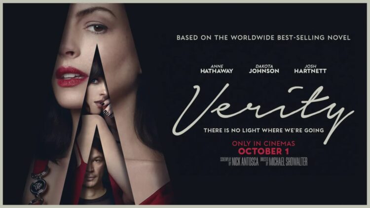 Anne Hathaway, Dakota Johnson and Josh Hartnett in the official Verity key art