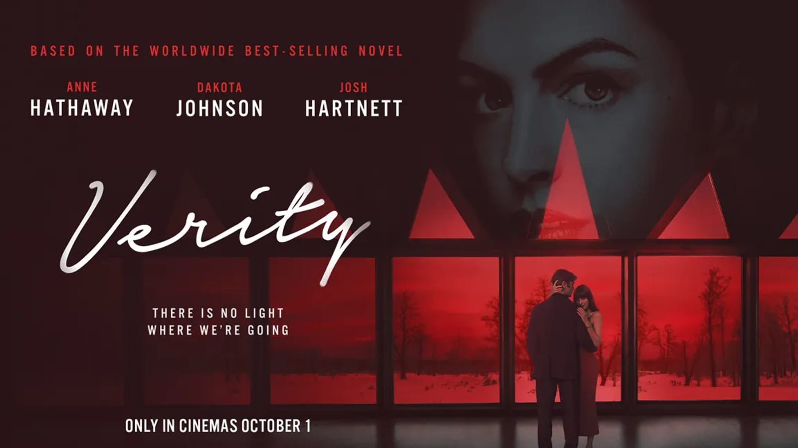 Verity key art featuring Anne Hathaway, Dakota Johnson and Josh Hartnett