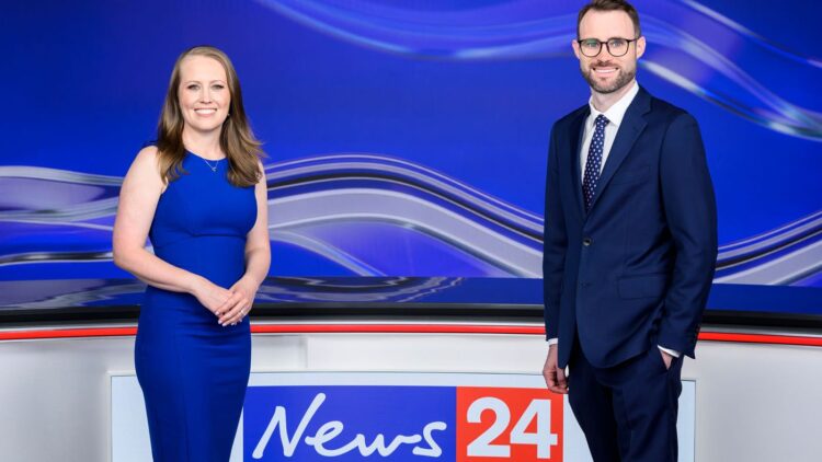 News24 Weather meteorologists Alison Osborne and Rob Sharpe in the studio