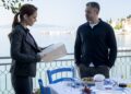 Lara Sarrancino and Joe Mottram on a waterfront terrace in A Taste For Murder on Channel 7
