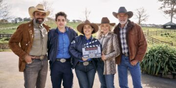 Cast of ABC drama Rural Crime Unit together on a rural location
